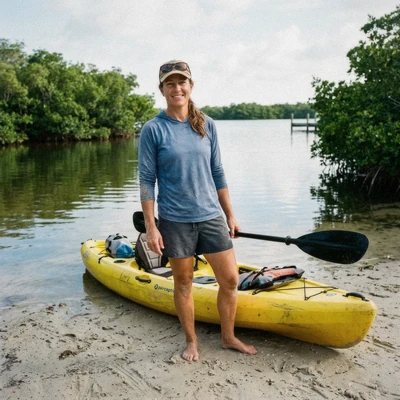 Dana Whitcomb, travel writer from Sarasota, standing beside a kayak on the launch beach at Ted Sperling Park on Lido Key, Florida