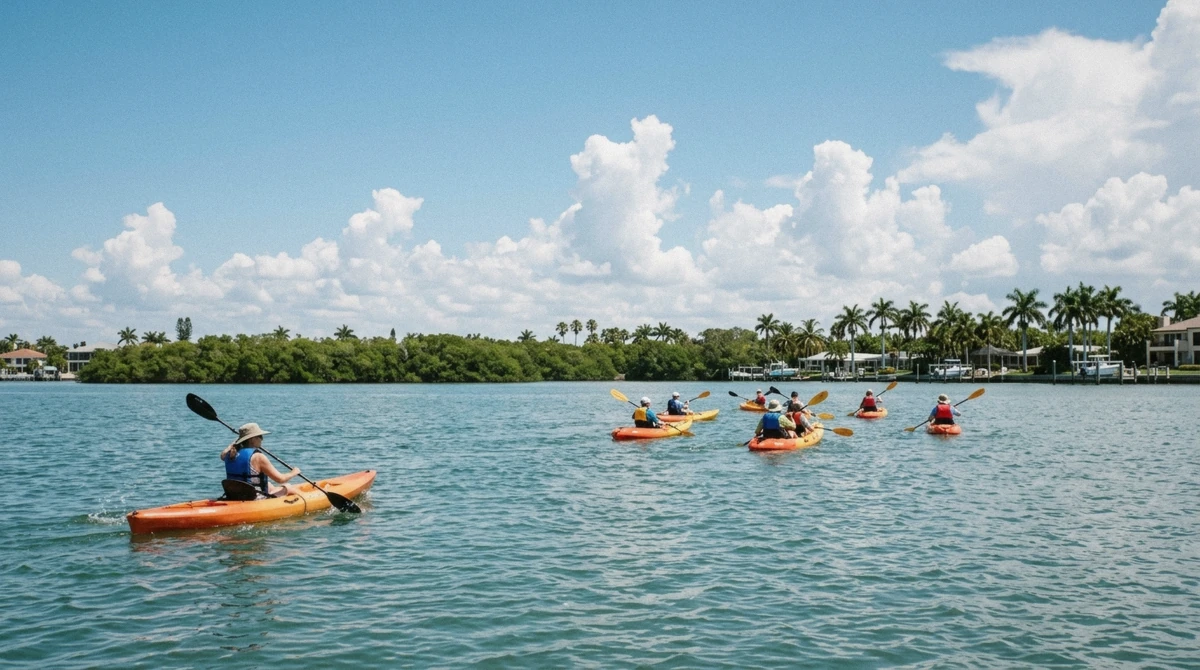 Kayaks spread across turquoise Sarasota Bay heading toward the mangrove shoreline on a kayak mangroves Sarasota tour, Florida