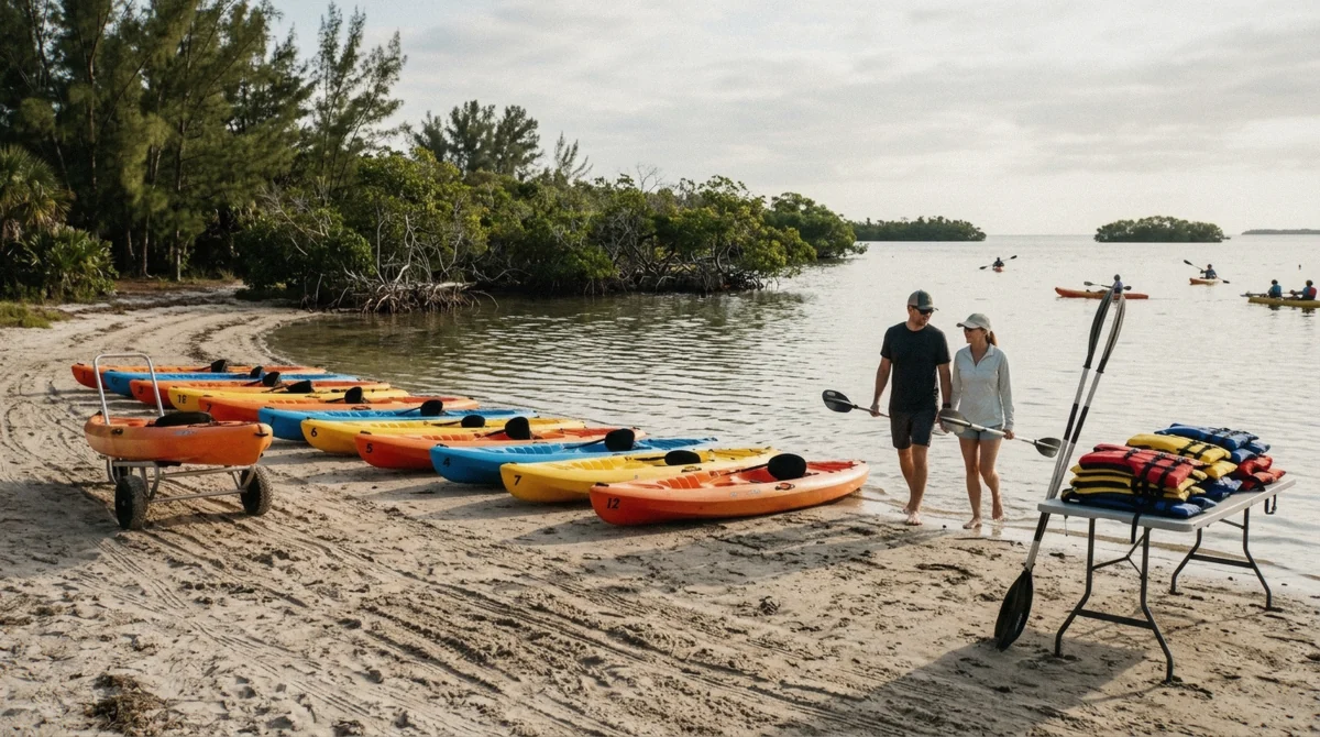 Sit-on-top kayaks and life jackets laid out on the launch beach at Ted Sperling Park before a kayak mangroves Sarasota tour, Lido Key, Florida