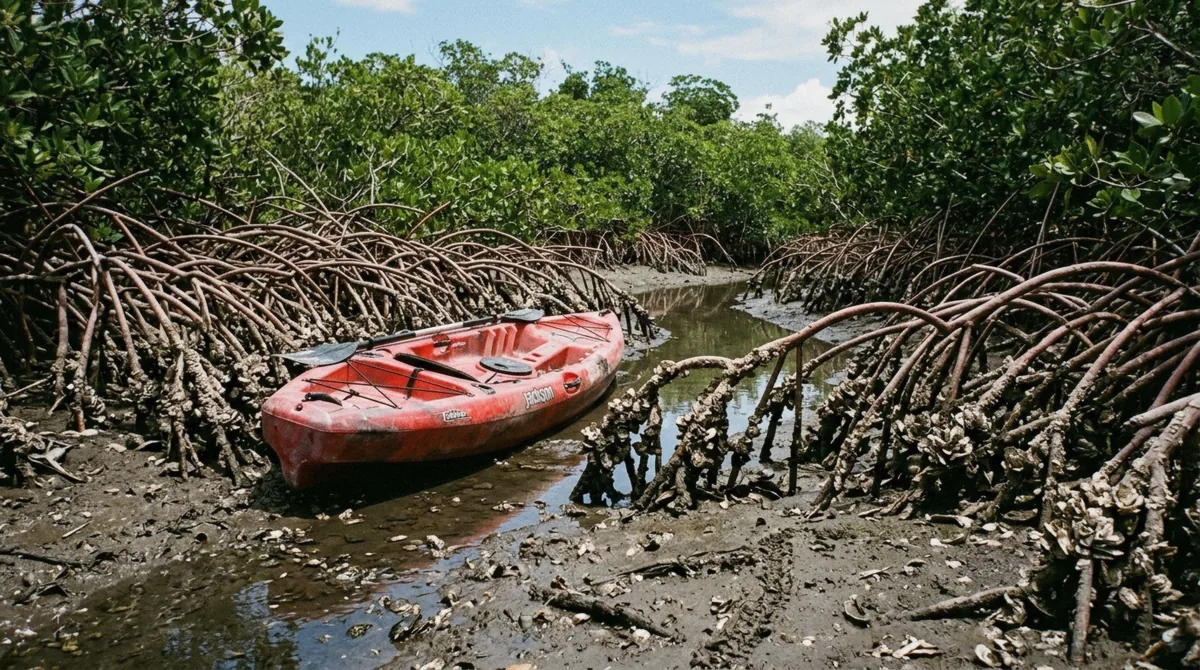 Exposed mangrove prop roots crusted with oysters at low tide beside a beached kayak on a kayak mangroves Sarasota channel, Florida