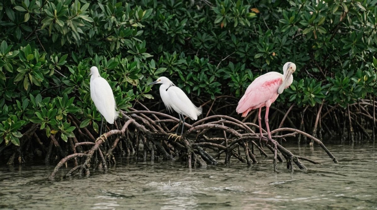 Roseate spoonbill and two snowy egrets on mangrove roots beside a kayak mangroves Sarasota channel in Sarasota Bay, Florida