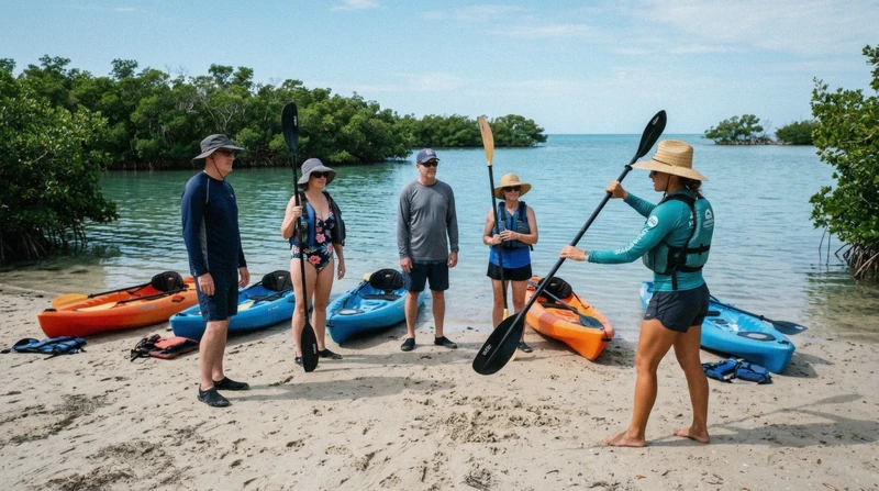 Paddler receiving a beach lesson before a kayak mangroves Sarasota tunnel tour at Ted Sperling Park on Lido Key