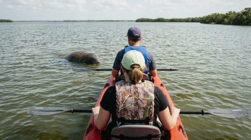 Two kayakers watching a manatee surface beside the mangroves on a kayak mangroves Sarasota eco-tour in Sarasota Bay, Florida