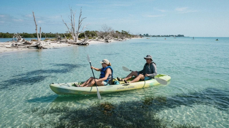 Tandem kayakers on calm flats near Beer Can Island on a manatee-spotting alternative to a kayak mangroves Sarasota tour, Anna Maria Island, Florida